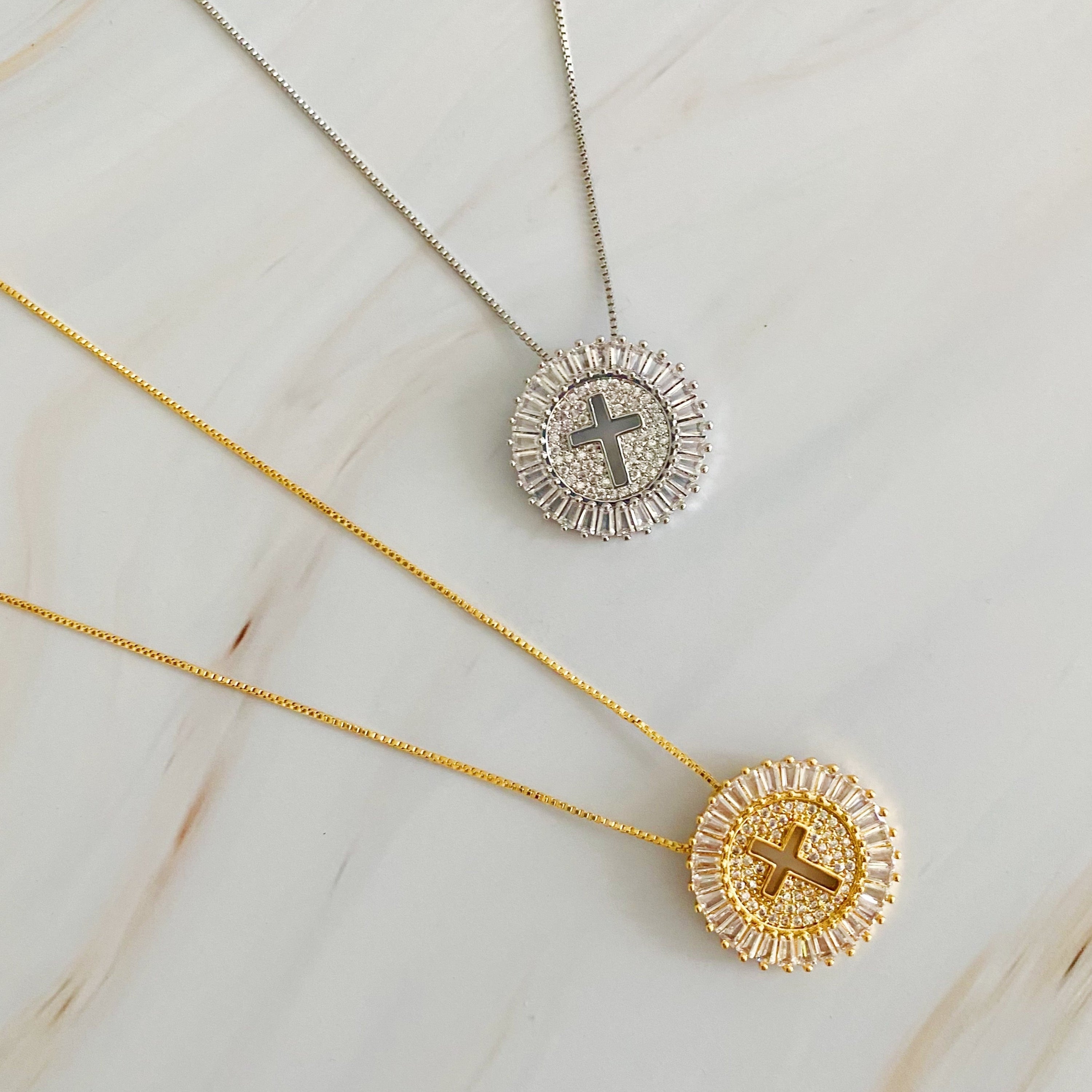 Shine Circle Cross Necklace - Cubic Zirconia Faith Pendant in Gold or Silver