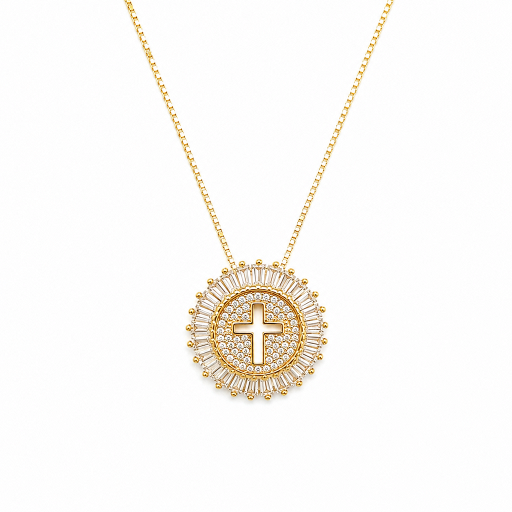 Shine Circle Cross Necklace - Cubic Zirconia Faith Pendant in Gold or Silver
