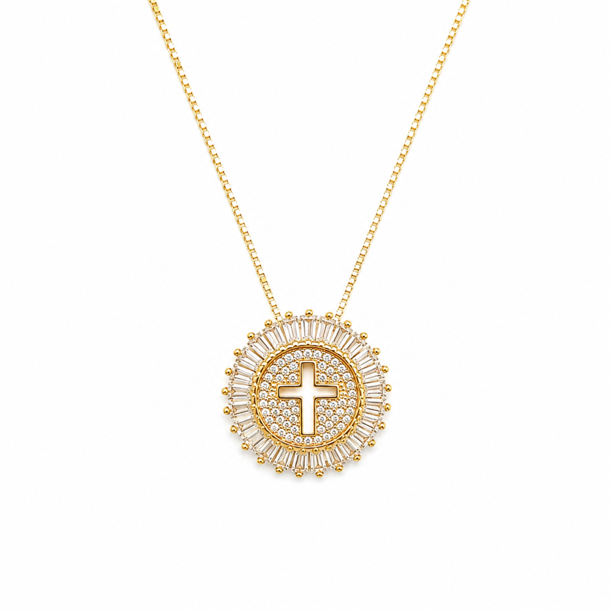 Shine Circle Cross Necklace - Cubic Zirconia Faith Pendant in Gold or Silver