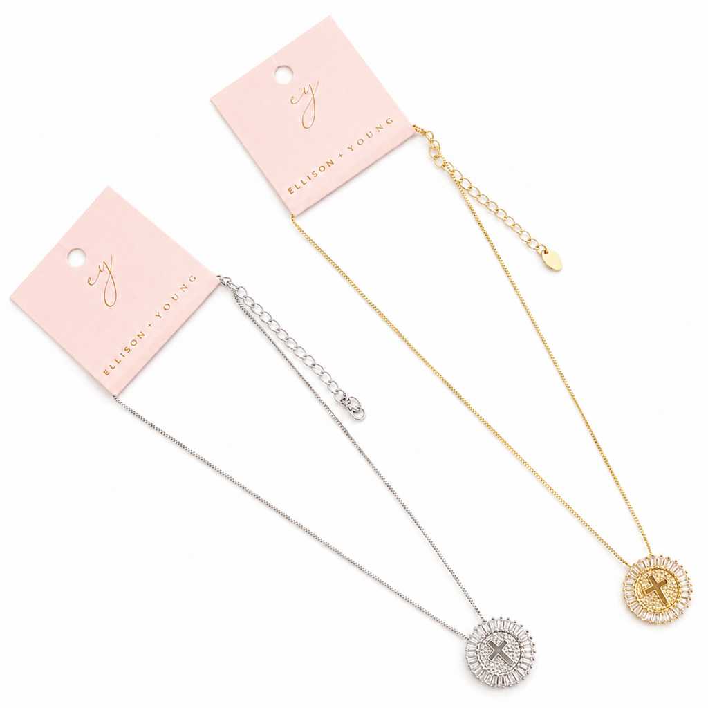 Shine Circle Cross Necklace - Cubic Zirconia Faith Pendant in Gold or Silver