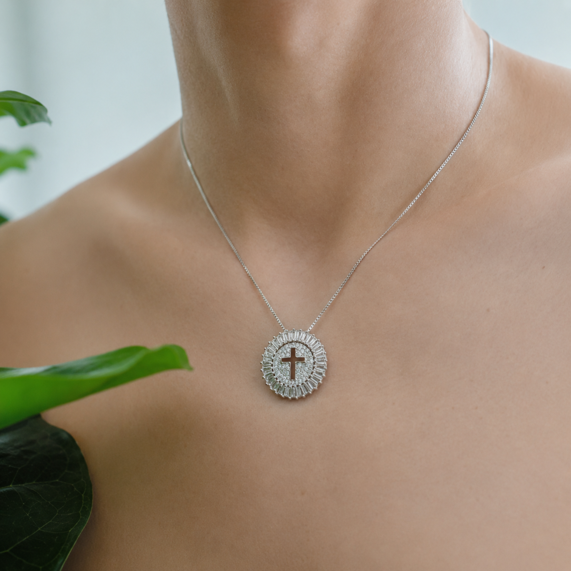 Shine Circle Cross Necklace - Cubic Zirconia Faith Pendant in Gold or Silver