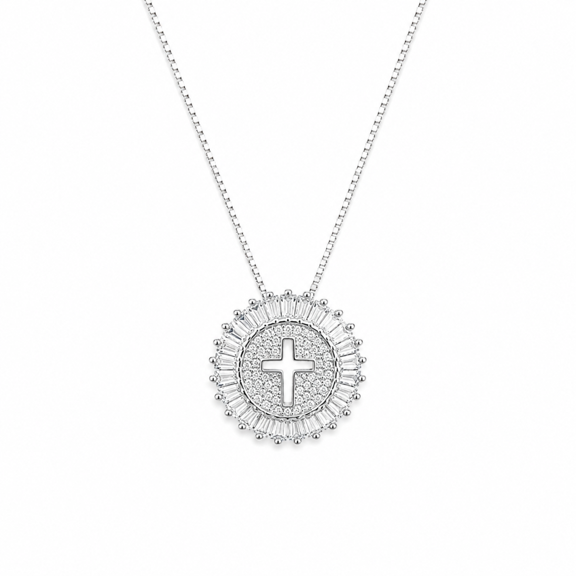 Shine Circle Cross Necklace - Cubic Zirconia Faith Pendant in Gold or Silver