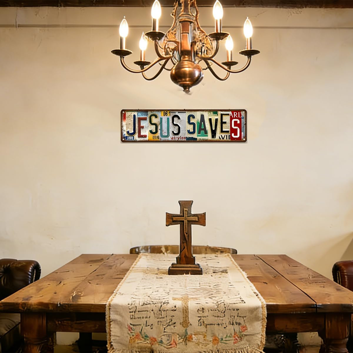 Jesus Saves Metal Tin Sign, Vintage Christian Wall Decor 4x16