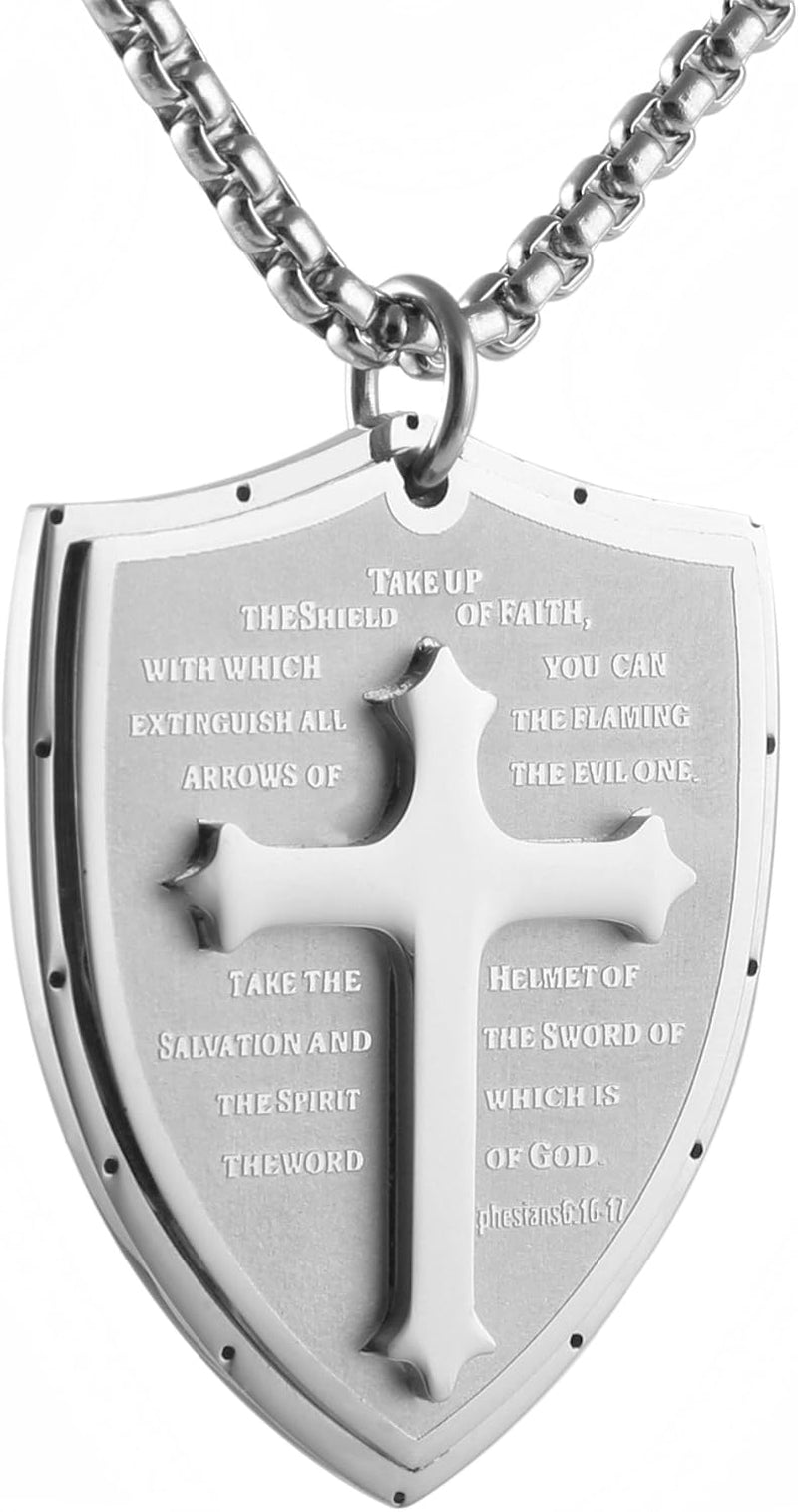 Armor of God Cross Necklace for Men, Stainless Steel Ephesians 6:16-17 Pendant, Christian Gift