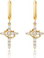 Gold Crown Cross Earrings for Women, CZ Cross Huggie Hoops, Christian Faith Gift