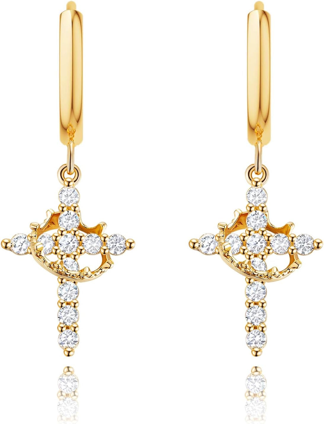 Gold Crown Cross Earrings for Women, CZ Cross Huggie Hoops, Christian Faith Gift