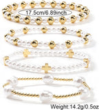 Gold Cross Pearl Bracelet Stack for Women, Stackable Faith Bracelet Set
