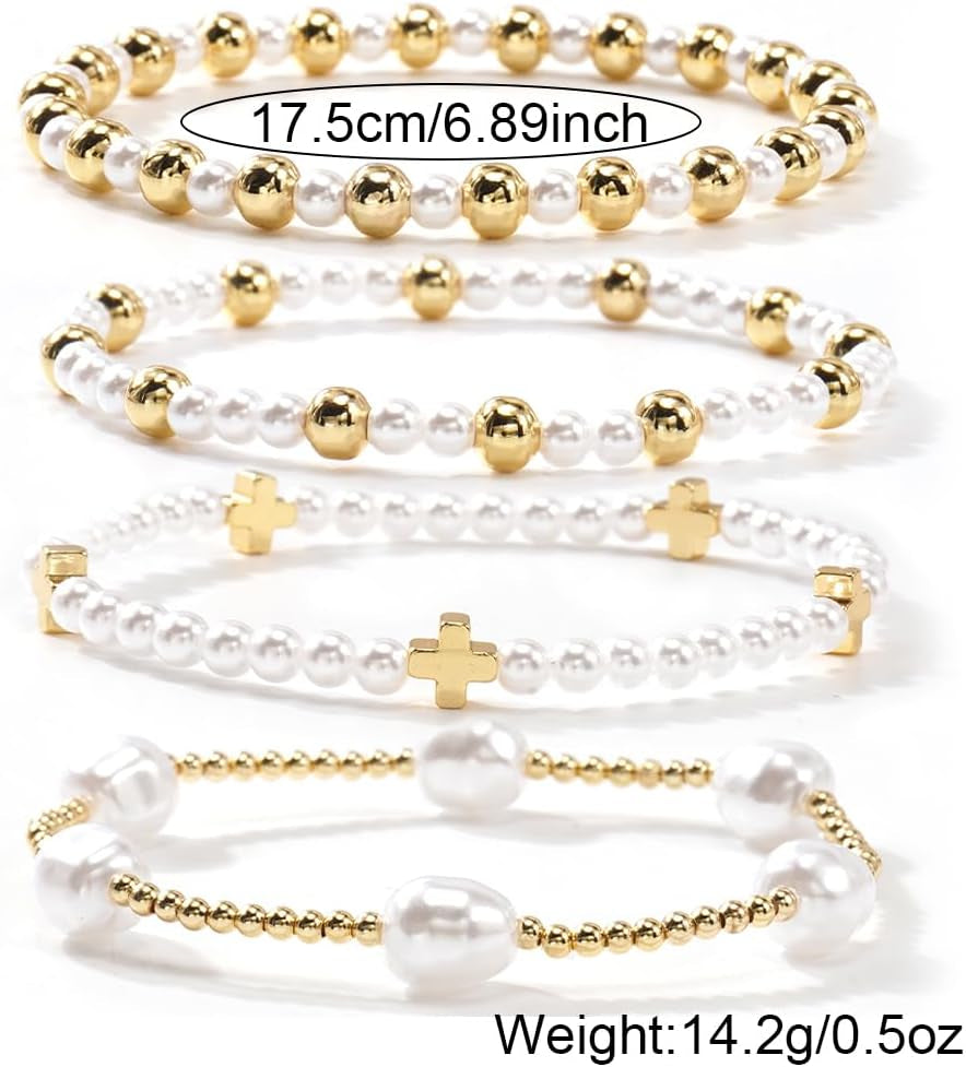 Gold Cross Pearl Bracelet Stack for Women, Stackable Faith Bracelet Set