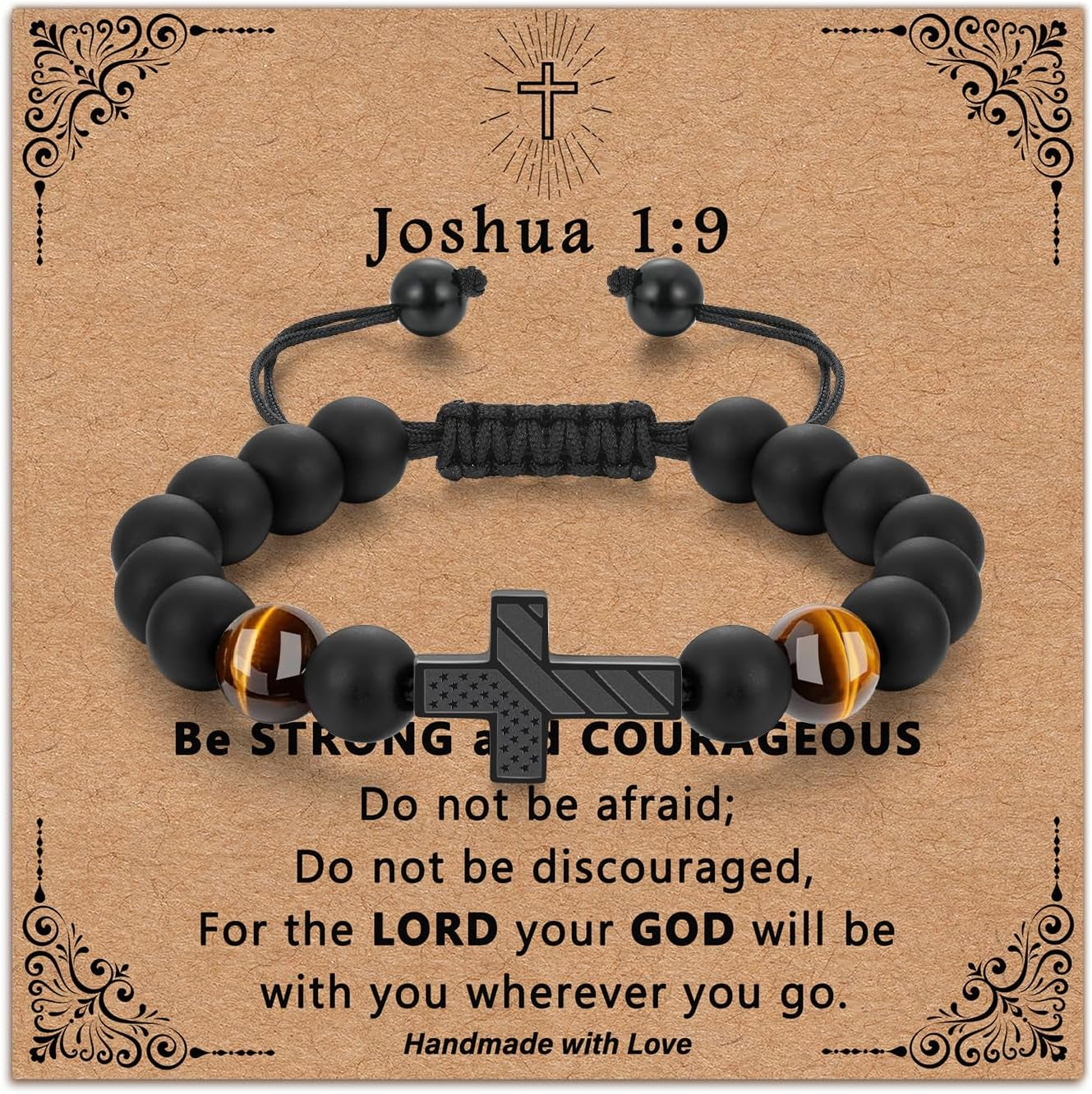 Adjustable Cross Bracelet for Boys, Tiger Eye Beaded Faith Bracelet, Christian Gift