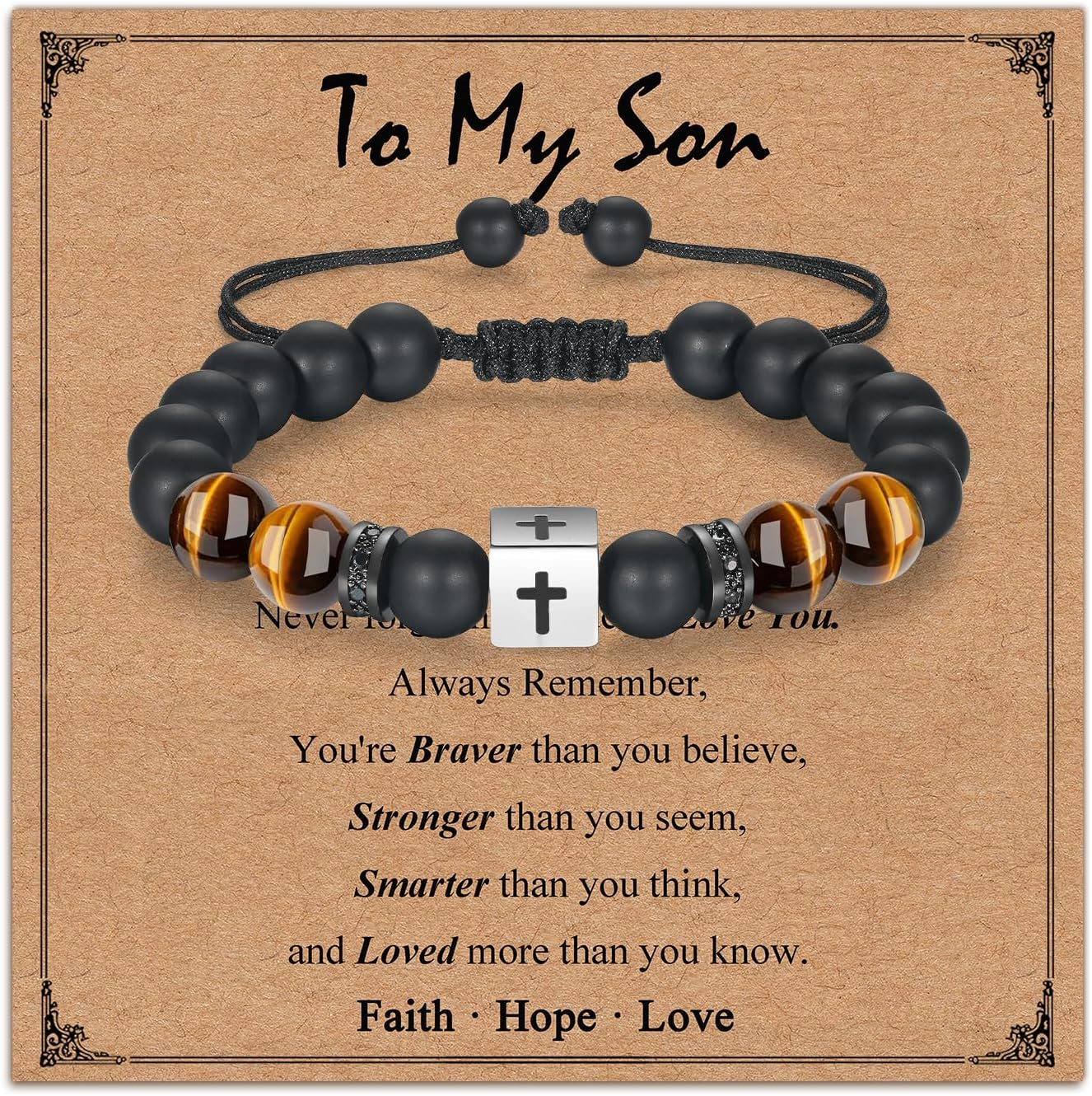 Adjustable Cross Bracelet for Boys, Tiger Eye Beaded Faith Bracelet, Christian Gift