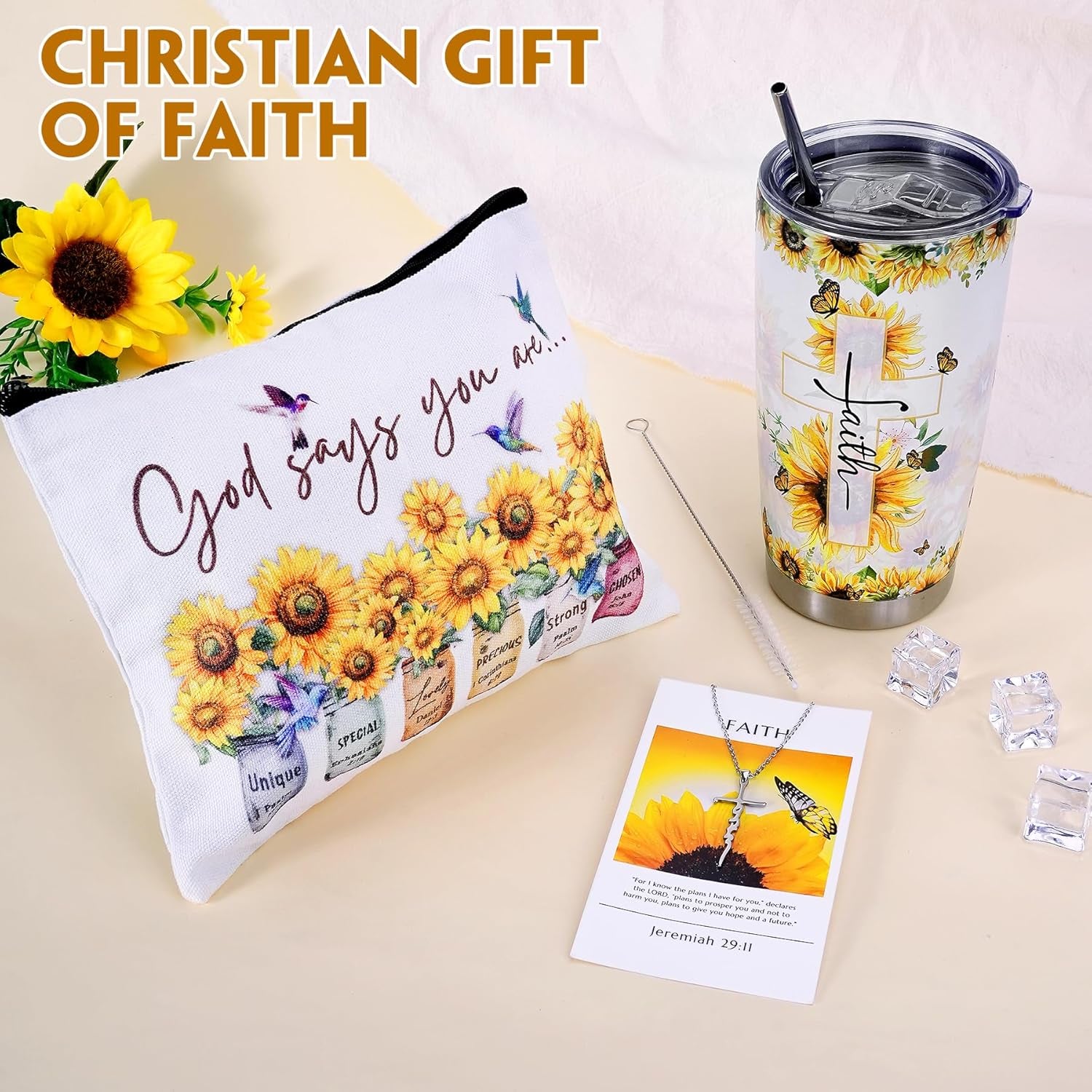 Sunflower Faith Gift Set for Women, Christian Tumbler and Necklace - Gift Box