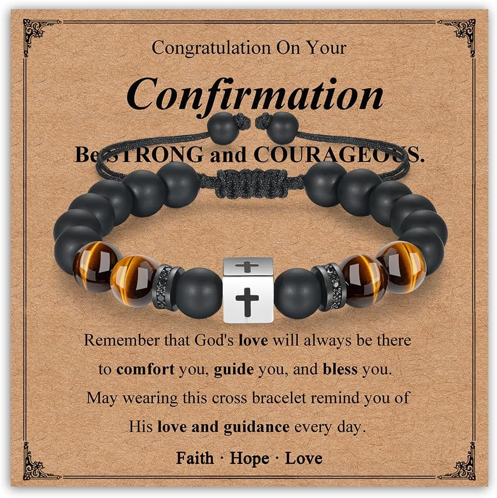 Adjustable Cross Bracelet for Boys, Tiger Eye Beaded Faith Bracelet, Christian Gift