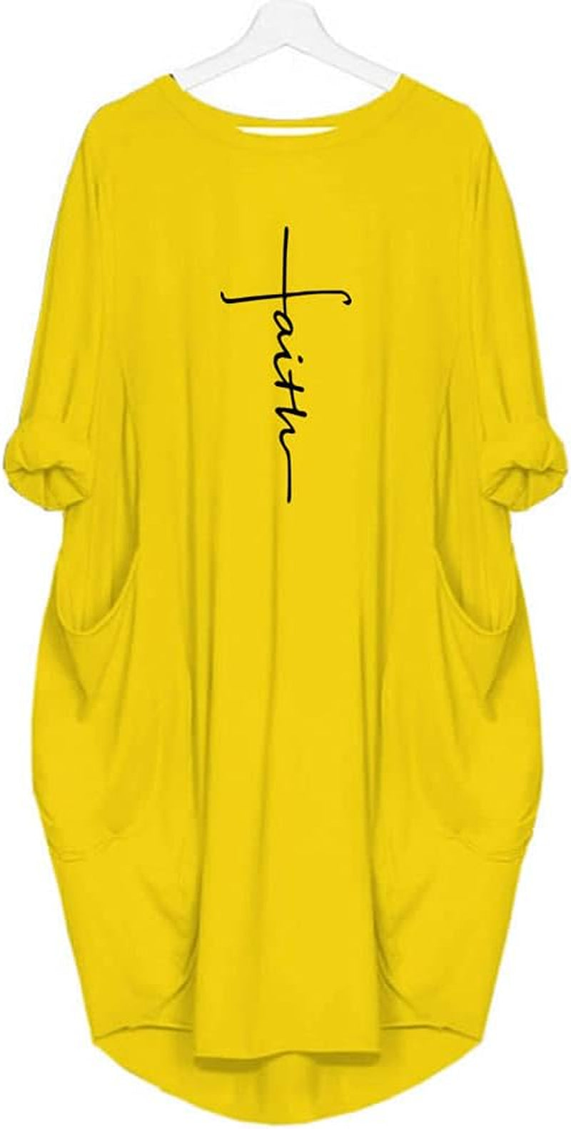 Women'S Faith Oversize Baggy Long Sleeve T Shirt Causal Loose Midi Dresses with Pockets