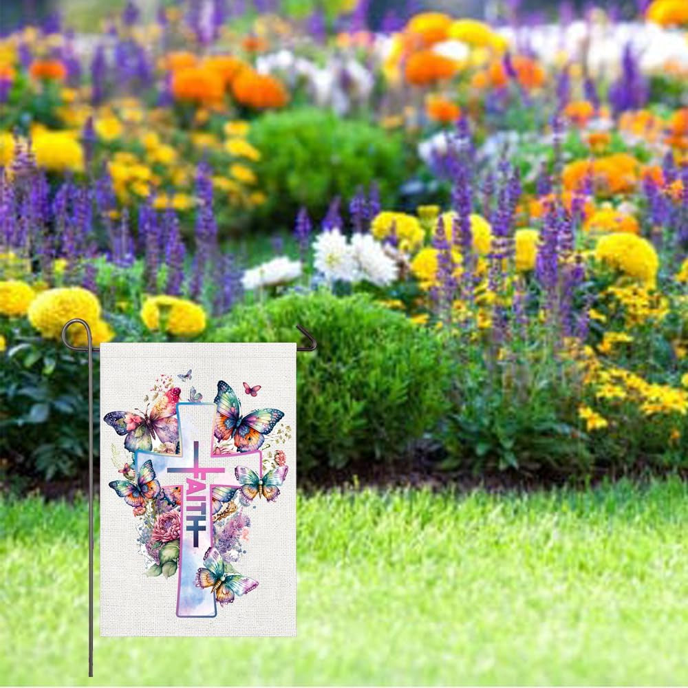 Religious Easter Garden Flag 12X18 Double Sided Easter Cross Garden Flag, Floral Faith Yard Flag 12x18 Double Sided
