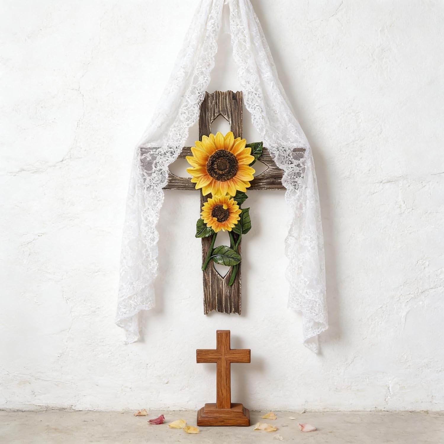 Wooden Sunflower Cross Wall Decor, Rustic Farmhouse Christian