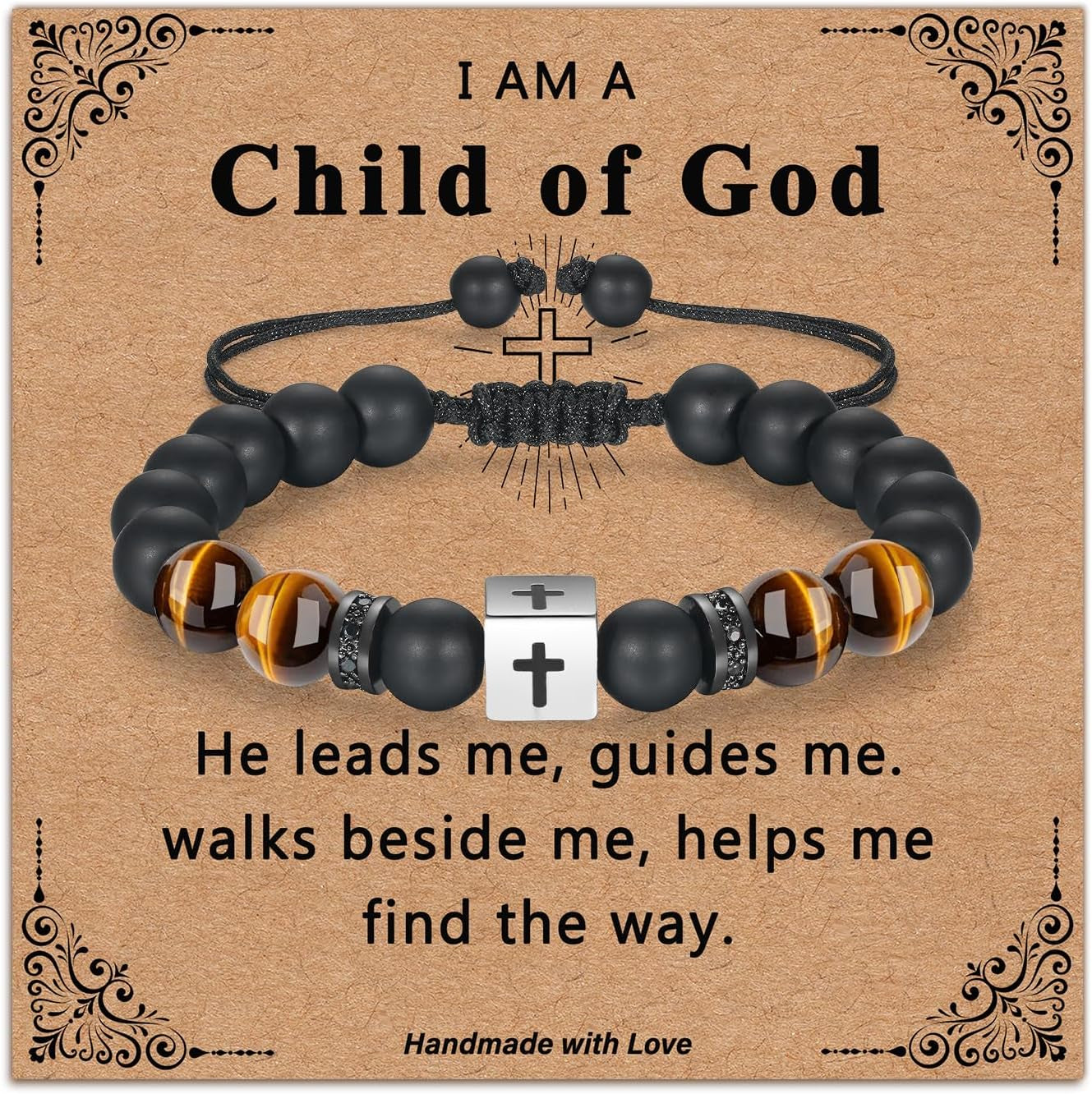 Adjustable Cross Bracelet for Boys, Tiger Eye Beaded Faith Bracelet, Christian Gift