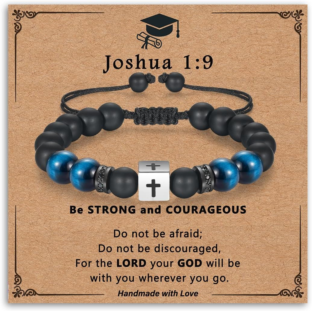 Adjustable Cross Bracelet for Boys, Tiger Eye Beaded Faith Bracelet, Christian Gift