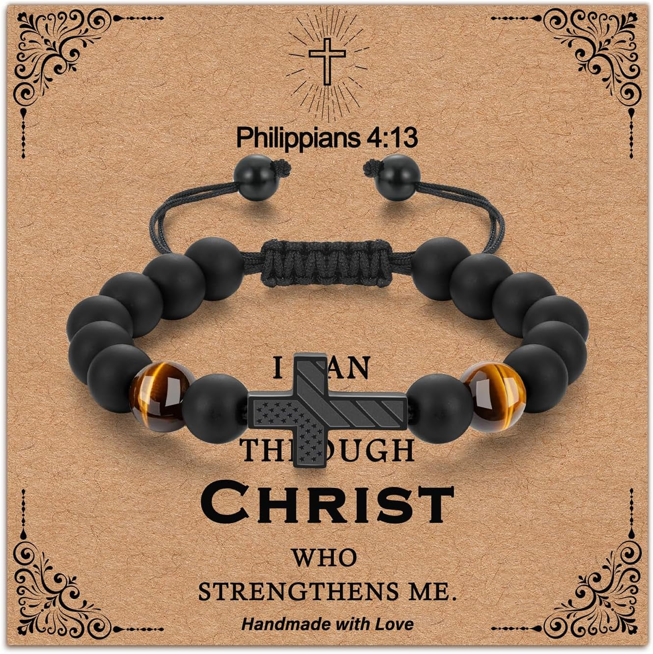 Adjustable Cross Bracelet for Boys, Tiger Eye Beaded Faith Bracelet, Christian Gift