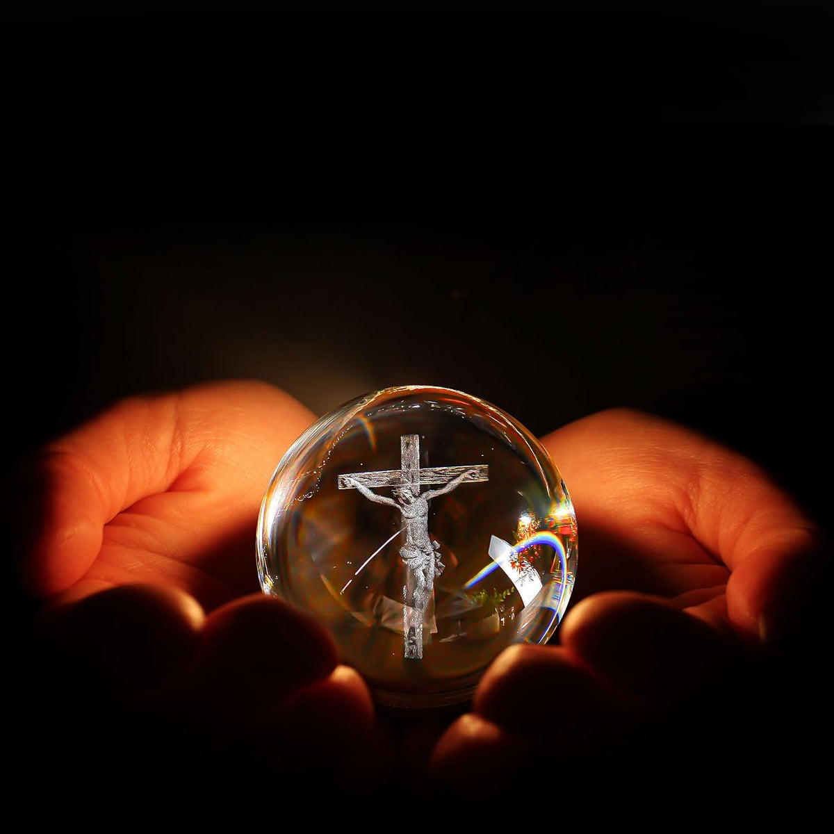 2.3In Jesus Crystal Ball with Stand 3D Cross Gift for Christian Catholic | K9 Crystal Laser Engraving Includes Metal Display Stand Gift Box Ready Ideal for Prayer Room Church Home Display