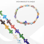 Millefiori Glass Cross Bracelet, Rainbow Beaded Rosary Bracelet, Christian Faith Gift