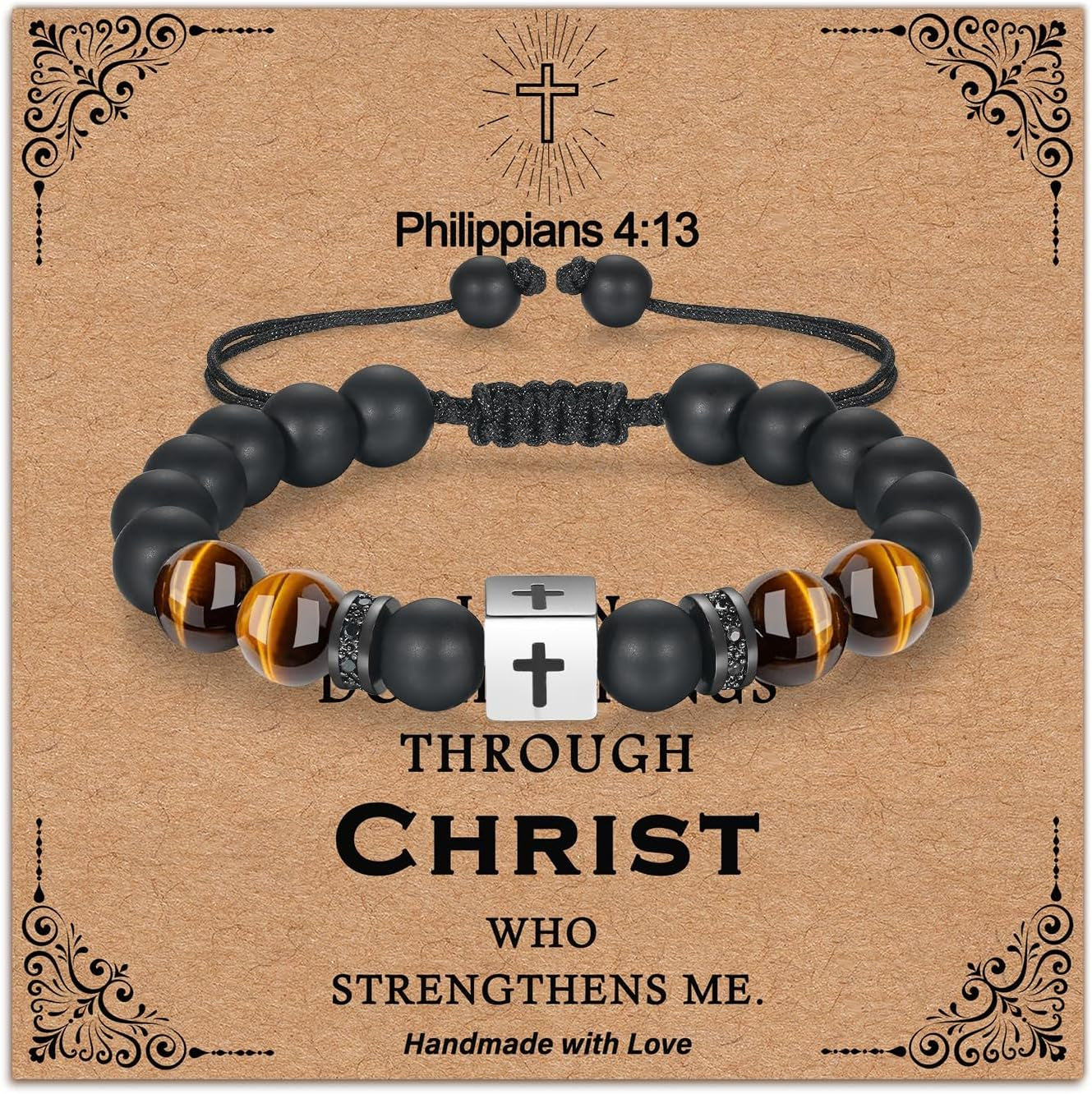 Adjustable Cross Bracelet for Boys, Tiger Eye Beaded Faith Bracelet, Christian Gift