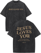 Jesus Loves You Acid Wash T-Shirt – Oversized Christian Graphic Tee for Men & Women