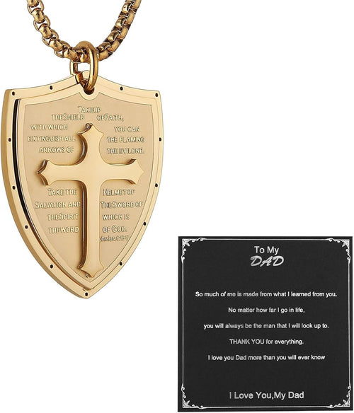 Armor of God Cross Necklace for Men, Stainless Steel Ephesians 6:16-17 Pendant, Christian Gift