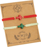 WWJD Cross Bracelet Set for Couples, 2 Pc Braided Rope Faith Bracelets, Matching Christian Gift
