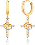 Gold Crown Cross Earrings for Women, CZ Cross Huggie Hoops, Christian Faith Gift