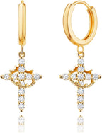 Gold Crown Cross Earrings for Women, CZ Cross Huggie Hoops, Christian Faith Gift