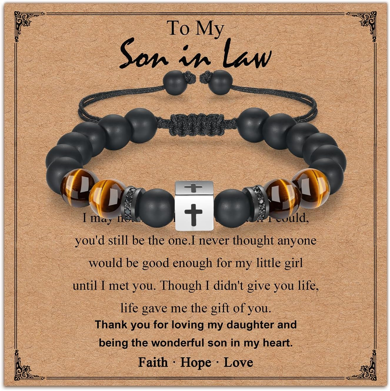 Adjustable Cross Bracelet for Boys, Tiger Eye Beaded Faith Bracelet, Christian Gift
