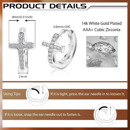 925 Sterling Silver Cross Huggie Earrings, Tiny CZ Cross Hoops for Women, Christian Gift