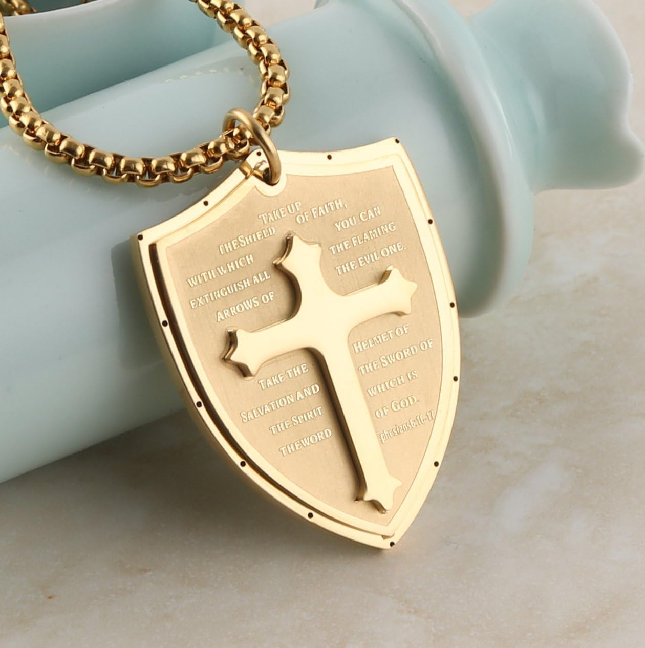 Armor of God Cross Necklace for Men, Stainless Steel Ephesians 6:16-17 Pendant, Christian Gift