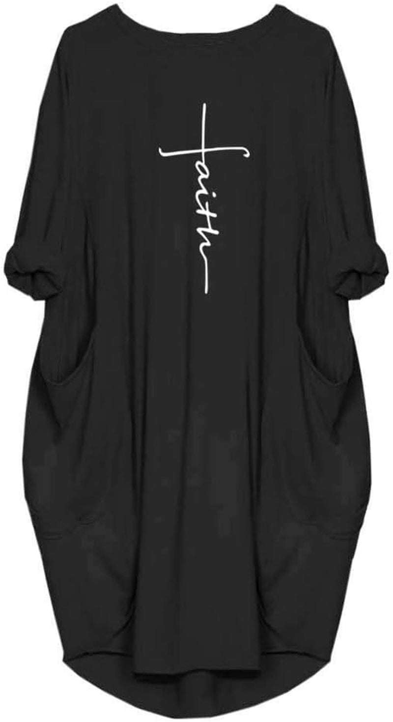Women'S Faith Oversize Baggy Long Sleeve T Shirt Causal Loose Midi Dresses with Pockets