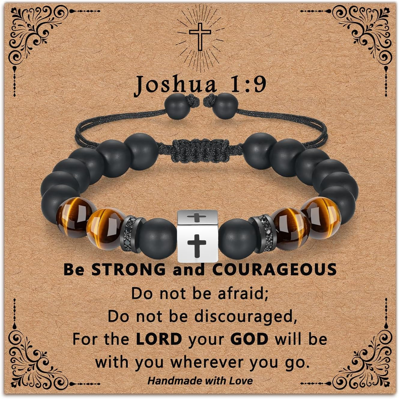 Adjustable Cross Bracelet for Boys, Tiger Eye Beaded Faith Bracelet, Christian Gift