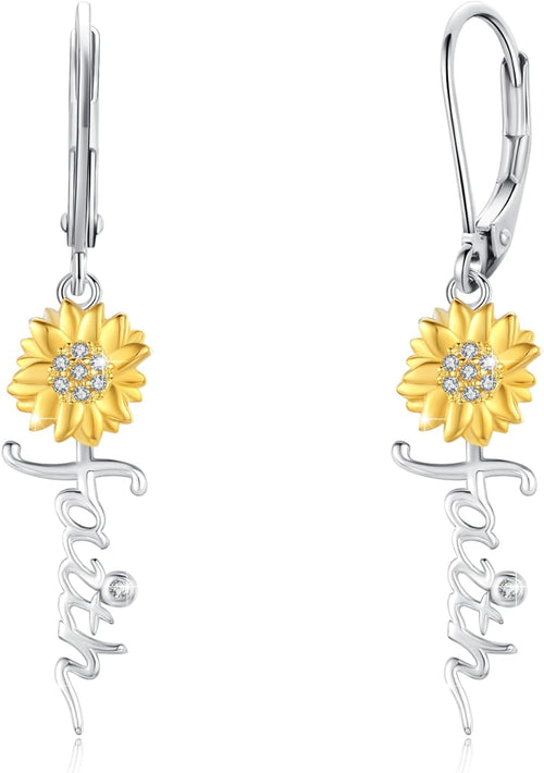 Sunflower Faith Earrings, 925 Sterling Silver Cross Hoop Huggies, Christian Gift for Women