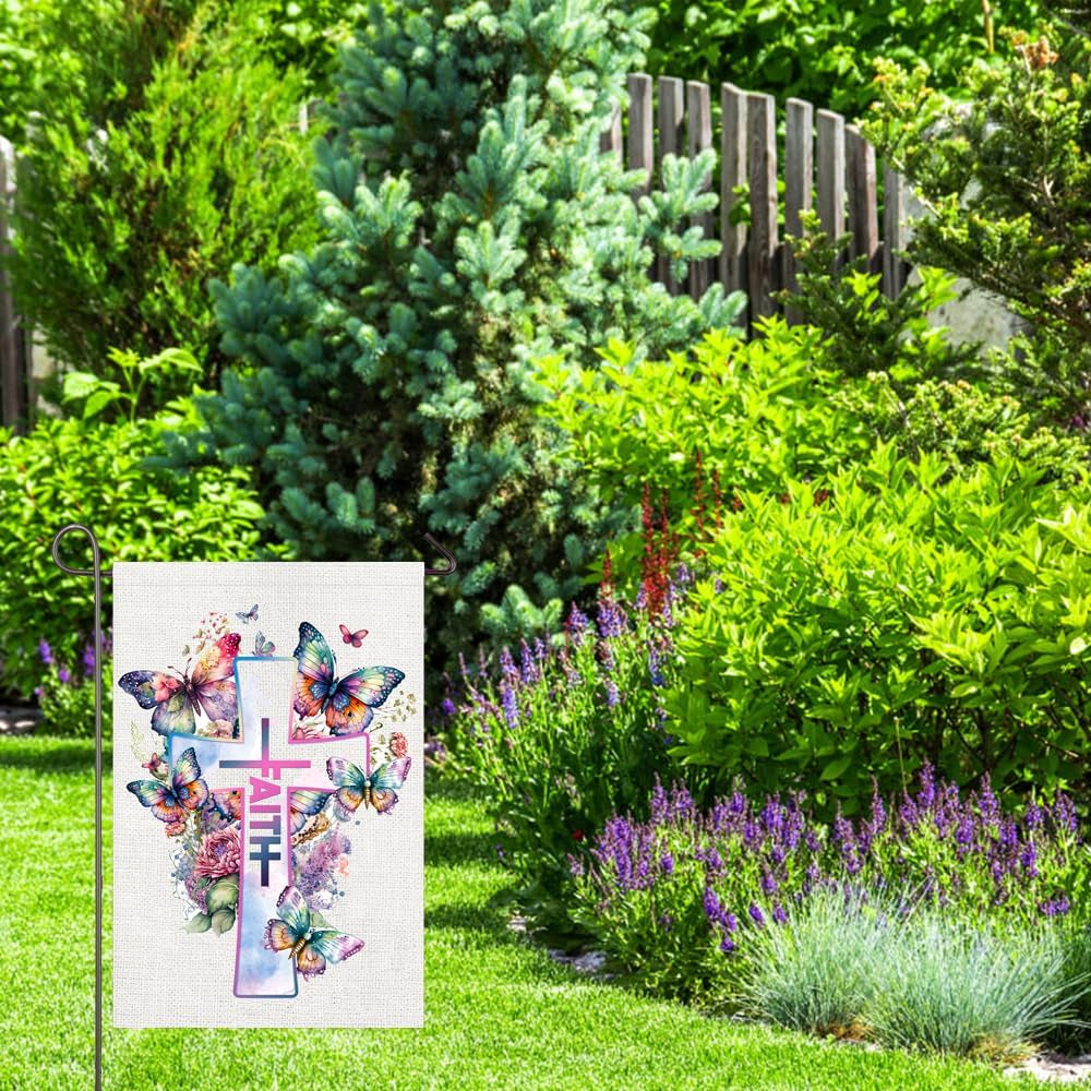 Religious Easter Garden Flag 12X18 Double Sided Easter Cross Garden Flag, Floral Faith Yard Flag 12x18 Double Sided