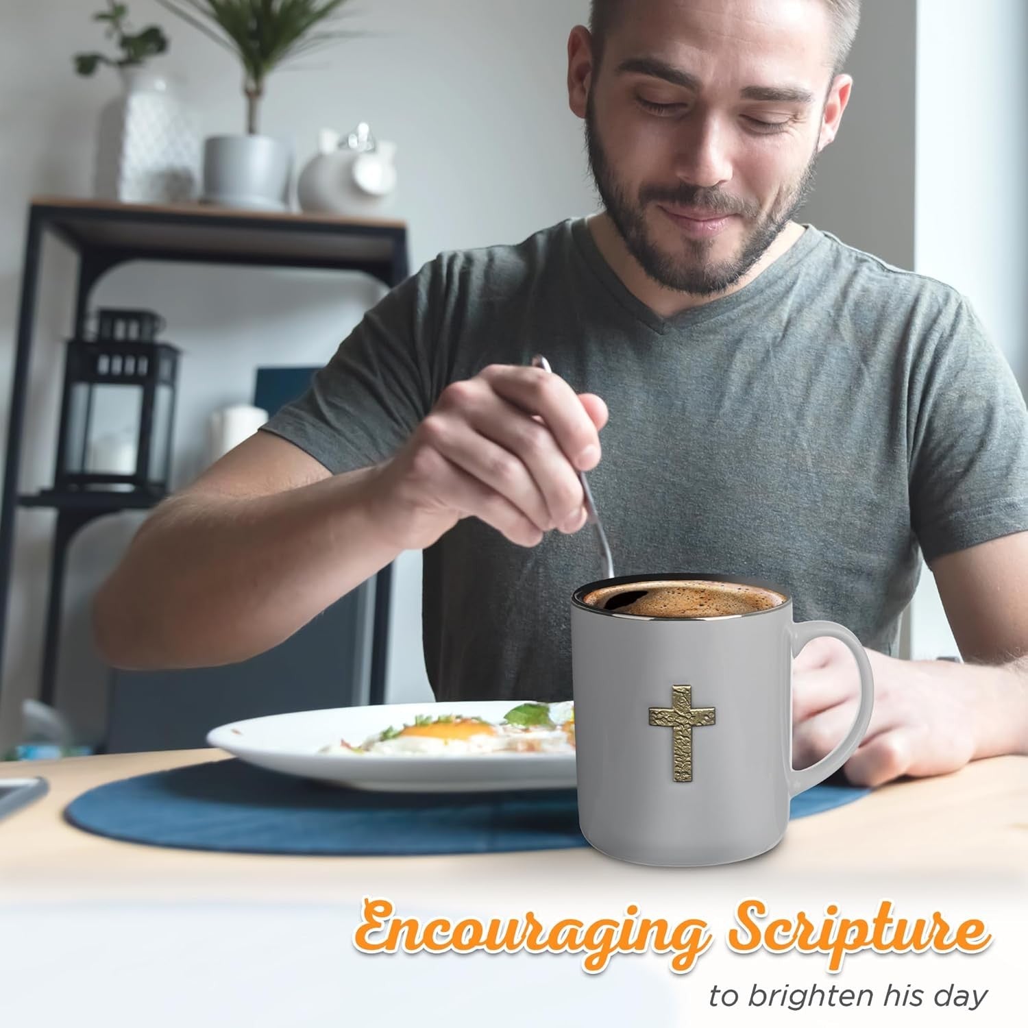 Large Inspirational Scripture Coffee & Tea Mug — Brass Cross Badge, Bible Verse, 14 oz (Gray & Black)