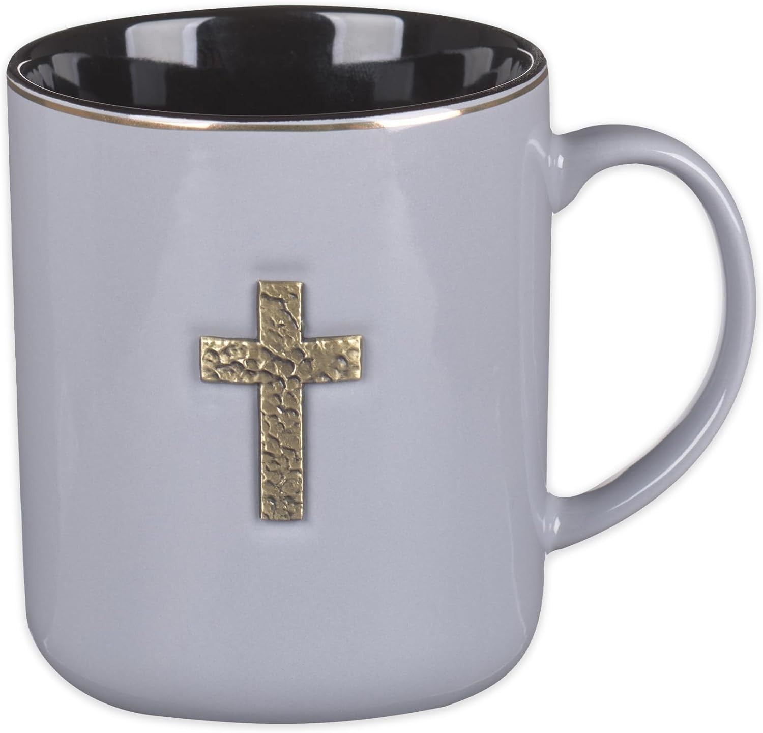 Large Inspirational Scripture Coffee & Tea Mug — Brass Cross Badge, Bible Verse, 14 oz (Gray & Black)