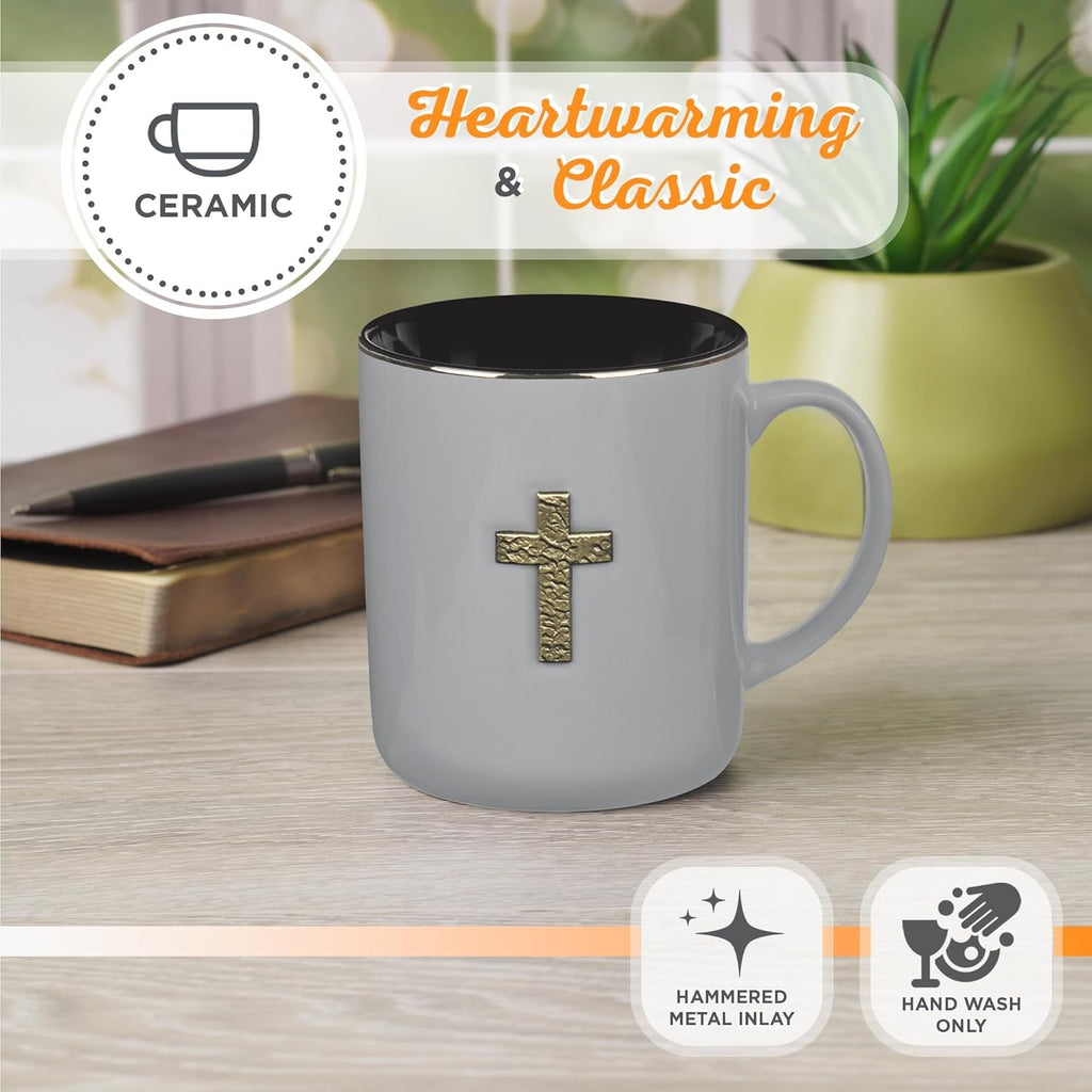 Large Inspirational Scripture Coffee & Tea Mug — Brass Cross Badge, Bible Verse, 14 oz (Gray & Black)