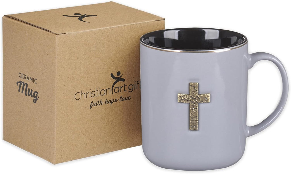 Large Inspirational Scripture Coffee & Tea Mug — Brass Cross Badge, Bible Verse, 14 oz (Gray & Black)
