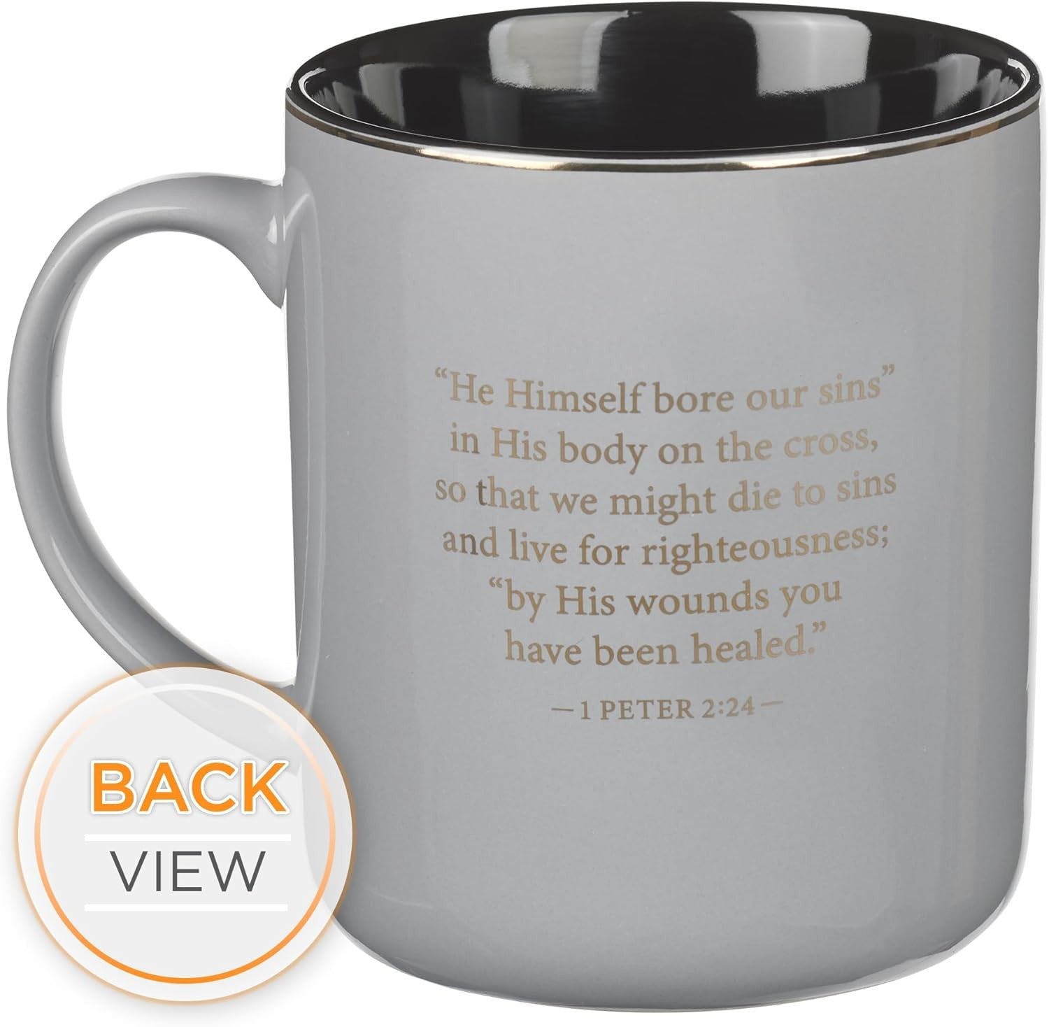 Large Inspirational Scripture Coffee & Tea Mug — Brass Cross Badge, Bible Verse, 14 oz (Gray & Black)