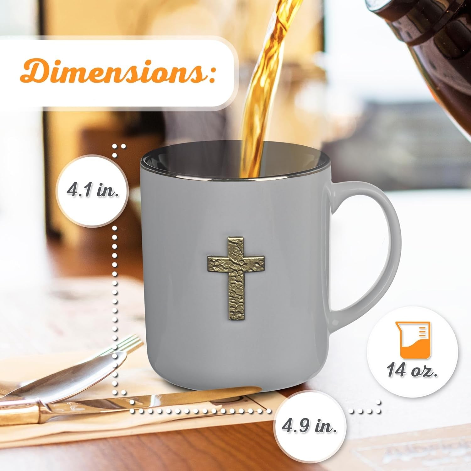 Large Inspirational Scripture Coffee & Tea Mug — Brass Cross Badge, Bible Verse, 14 oz (Gray & Black)